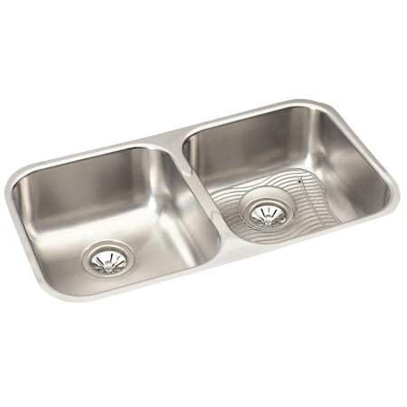 Elkay Stainless Steel 31-3/4 X 18-1/4 X 8 Equal Double Bowl Undermount Sink Kit EGUH3118DBG